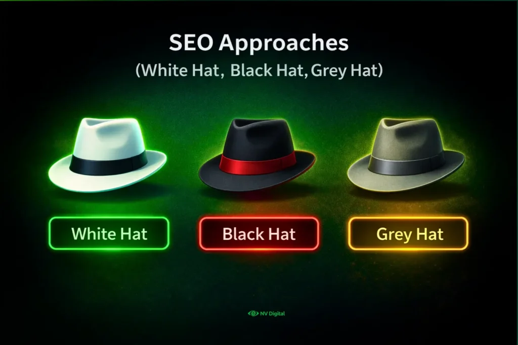 SEO approaches (White hat, Black hat, Grey hat)