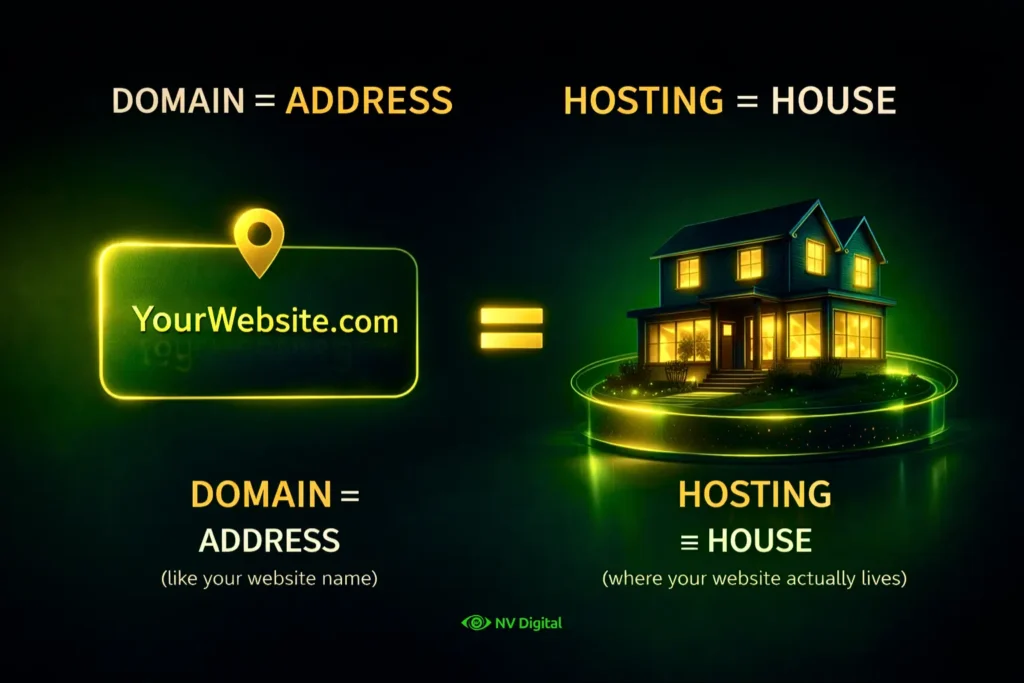 Domain is your website’s address, hosting is where it lives