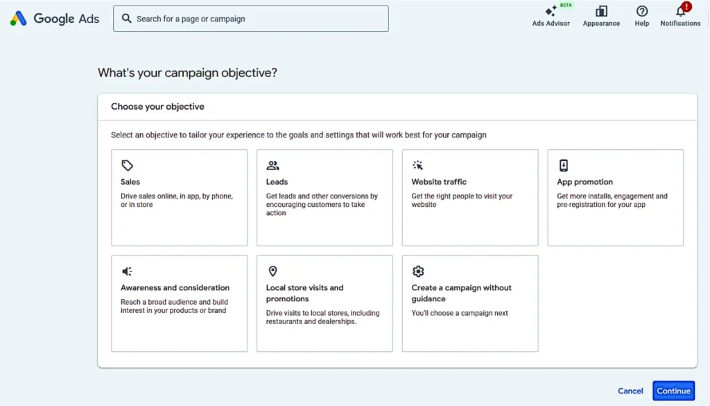 Screenshot of Google Ads (What's your campaign objective)