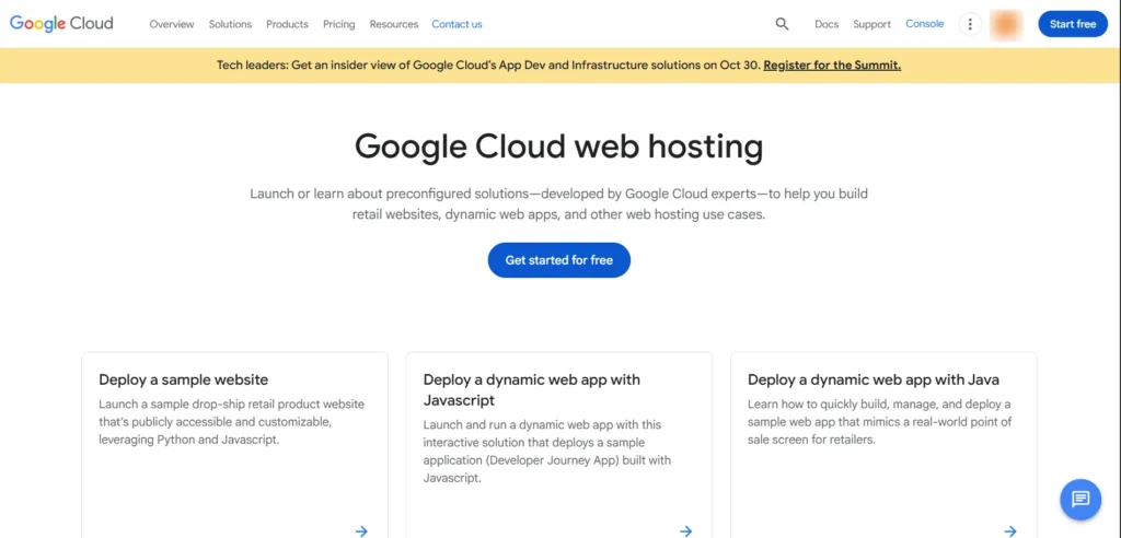 Screenshot of Google Cloud Home Page