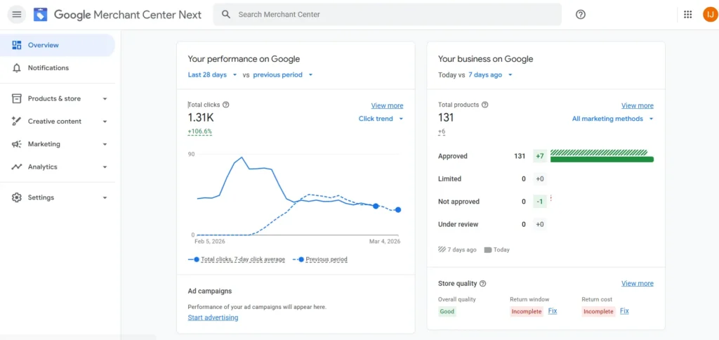 Screenshot of the Google Merchant Center Overview Page
