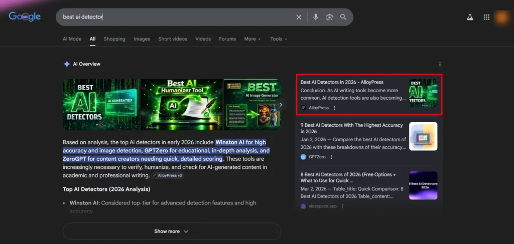 Screenshot image of the side sources section in Google AI Overview